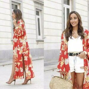 Zara Sz S M Blogger Favourite Red Floral Bohemian Long Duster Kimono